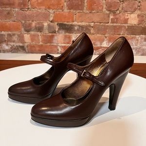 Prada Leather Mary Jane Platform Pumps, Brown, Size 8